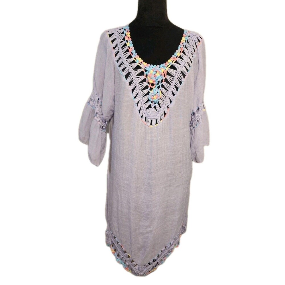 Women's Sz M Swimsuit Cover Lightweight Rainbow Crochet Tie Back Summer Beach